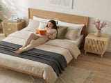 Mid-Modern Style Oak Bedside Table with Grille Design and Two Drawers. Suitable for bedrooms, W1706P465265