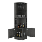 ZUN Syrah Corner Bar Cabinet, Eight Bottle Cubbies, Double Door, Two Open Shelves -Smokey Oak B20091986