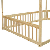 Full Size Canopy Frame Floor Bed with Fence, Guardrails,Natural W504P143283