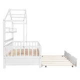 ZUN Wooden Twin Size House Bed with Trundle,Kids Bed with Shelf, White 34508043