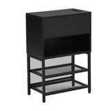 Full size Metal Platform Bed with Two-Tier Storage Shelves, Wooden Storage Cabinet, Black N737P199334B