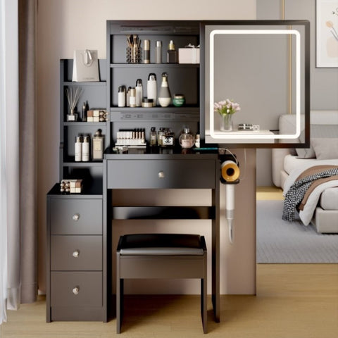 ZUN Small Space Left Bedside Cabinet Vanity Table + Cushioned Stool, 2 AC+2 USB Power Station, Hair W936140174