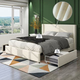 Anna Patented 2-Drawer Storage Bed Queen Size Ivory Velvet Upholstered Wingback Platform Bed, Modern B083P156196