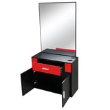 ZUN 15% E0 chipboard linen top 1 drawer 1 door with mirror Salon cabinet black and red 87943446