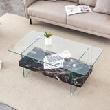 ZUN 43.3 Inch Modern Two-Tier Coffee Table - An Elegant Combination of Clear Glass and Black Marble W2920P226071