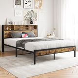 Queen Bed Frame with Storage Headboard, Metal Platform Bed with Charging Station, Bookcase Storage, W840127764