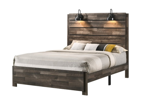 ZUN 1pc Rustic Style Butcher Block Finish Weathered Brown Finish Queen Size Bed w/ Lamp Wooden Bedroom B011P230851