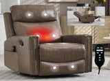 Camel Brown Genuine Leather Heat Massage Manual Recliner Chair with Rocker and Swivel for Living W1803P323716