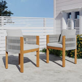 Acacia Wood Outdoor Dining Chairs 2-Pack with Grey Rope Handles, Washable Waterproof Grey Cushions, N779P279983G