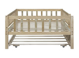 Twin Size Wood Daybed with Trundle and Fence Guardrails, Natural WF301862AAN