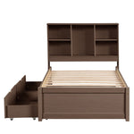 ZUN Modern Twin Size Bed Frame With Built-in USB Port on Bookcase Headboard and 2 Drawers for Walnut 68014174