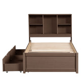 Modern Twin Size Bed Frame With Built-in USB Port on Bookcase Headboard and 2 Drawers for Walnut W697P152020