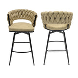 28" Technical Leather Woven Bar Stool Set of 2,Black legs Barstools No Adjustable Kitchen Island W2189131687