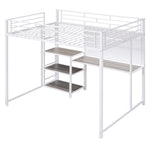 ZUN Full Size Loft Bed with Desk and Whiteboard, Metal Loft Bed with 3 Shelves and Ladder, White 62617184