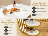 White & Gold Dining Table Set with Faux Marble Top, 2-Layer Open Shelves & Upholstered Stools 69773470