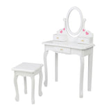 Children's Wooden Dressing Table Reversible Round Mirror Dressing Table Chair Three Drawers White 09401206