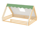 Full Size House Floor Bed with Tent and Light, Solid Wood Teepee Floor Bed with Full-length W1580P369468