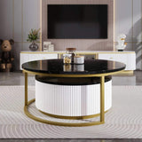 Modern Round Nesting Coffee Table Fluted with Drawer in Black & Gold in 27.6" N735P254992B