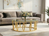 Gold Round Coffee Table, Modern Glass Top Center Table with Luxury Golden Metal Frame, Decorative N735P503635K