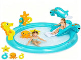 Kids Inflatable Marine Life Spray Pool with Slide & RingToss Game, PVC Outdoor Water Play Center 69496282