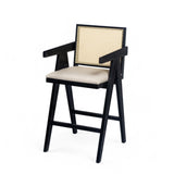 27" Height, Cream Grey Woven Cane Plastic Backrest Bar Stool - Foam-Padded Fabric Seat & Durable N780P237930B