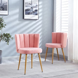 Modern pink dining chair with iron tube wood color legs, shorthair cushions and W23464147