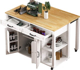 47 inch Kitchen Island with Extendable Dining Table, Rubber Wood Veneer Kitchen Table with Internal 56128666