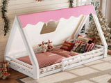 Twin Size House Floor Bed with Tent and Light, Solid Wood Teepee Floor Bed with Full-length W1580P369465