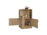 Natural Oak Corner Bar Cabinet with Bottle Rack and Open Shelf B062P290256