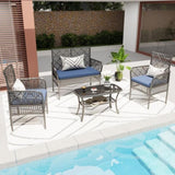 4 Pieces Outdoor Patio Furniture Set,PE Rattan Wicker Garden Conversation Chairs with Tempered Glass W2071P296197