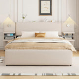 Queen Size Upholstered Platform Bed with Reading Lights, Drawers, Trundle and Shelves, Beige 57706475