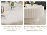 31.5" Fluted Round Storage Table - Tempered Glass Top & Premium Leather Wrapped, Modern White W3158P450848