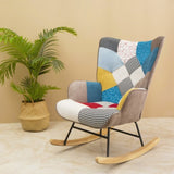 ZUN Rocking Chair, Mid Century Fabric Rocker Chair with Wood Legs and Patchwork Linen for Livingroom W56140569