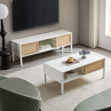 54.33" Rattan TV cabinet with variable color light strip, double sliding doors for storage, W1265121751