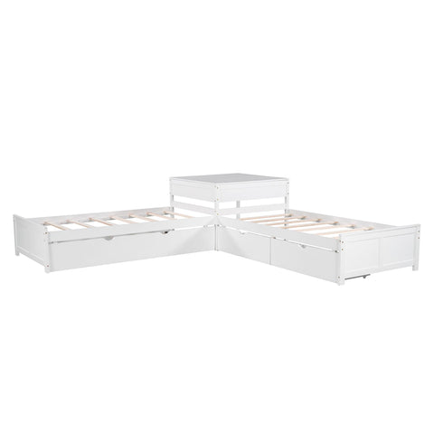 ZUN L-shaped Platform Bed with Trundle and Drawers Linked with built-in Desk,Twin,White 11453578