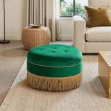 Yolanda 24" Round Upholstered Accent Ottoman, Ultramarine Green Velvet with Gold Trim B2719P364403