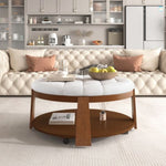 ZUN Modern Large Round Ottoman Coffee Table 2-Tier Oversized Button Tufted Ottoman with Wood Shelf N735P180224K