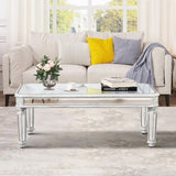 Silver Mirrored Coffee Table, Vintage Carved Elements, Rectangle Glass Tea Table with Mirrored W1445P214047