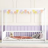 Full Size Canopy Frame Floor Bed with Fence, Guardrails,White W504P143282