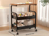 3-Layer Metal Rolling Cart with Lockable Wheel, Kitchen Storage Rack with Wooden Desktop 12120637