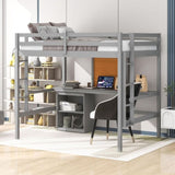 Full size Loft Bed with Desk and Writing Board, Wooden Loft Bed with Desk & 2 Drawers Cabinet- Gray 96271078