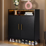 ZUN FCH Double Door 6-Layer Shoe Cabinet with High Foot LED Lights Particle Board 80*38*90cm Black 83568642