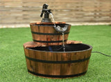 Rustic 2-Tier Barrel Water Fountain with Hand Pump, Wooden Fir Outdoor Fountain for Patio Garden 75022256