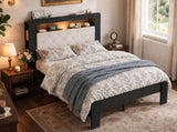 Queen Platform Bed Frame, Black Wood Look Frame with Soft Velvet , Sturdy Wood Slat Support System, W636P557221