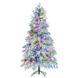 ZUN 6FT Pre-Lit Spruce Snow Flocked Christmas Tree, Artificial Hinged Xmas Tree with 300 Multi-Color LED N704P199474A