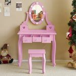 ZUN FCH Kids Vanity Set with Mirror and Lights and Stool, 5 Storage Drawers, Pretend Play Princess 59165871