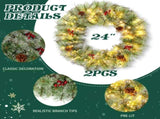 2 Pack 24in Pre-lit Christmas Wreath, Lighted Artificial Xmas Wreath with 100 Warm Lights and 150 22537616