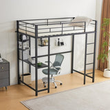 ZUN Twin Size Metal Loft Bed with Desk and Storage Shelves, 2 Built-in Ladders & Guardrails, Loft Bed 24084239