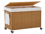 165L 3-Section Laundry Hamper with Lid and Wheels, Woven Rattan Rolling Laundry Hamper 60470878