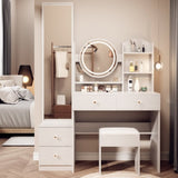 ZUN Full Body Mirror Cabinet + Round Mirror LED Vanity Table + Cushioned Stool, 17" diameter LED Mirror, 49214828